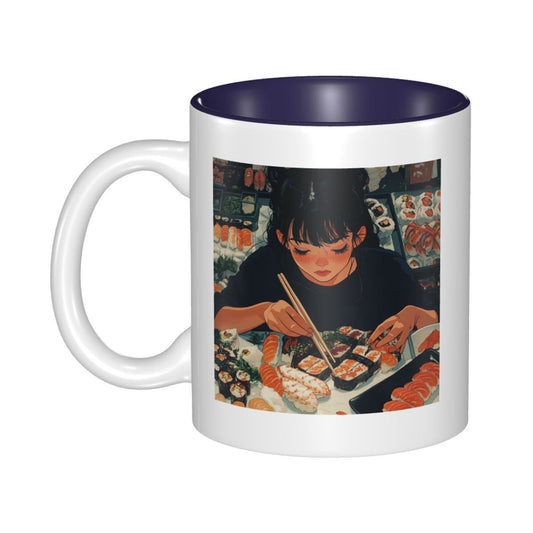 Anime Sushi Girl Double-Sided Ceramic Mug – 11oz Stylish Cup with Deep Blue Interior