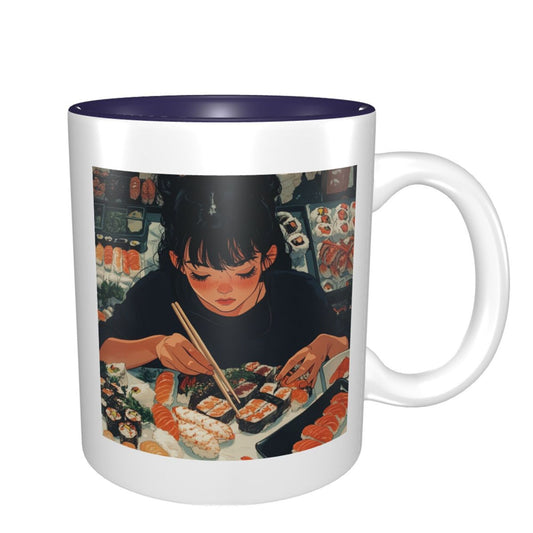 Anime Sushi Girl Double-Sided Ceramic Mug – 11oz Stylish Cup with Deep Blue Interior
