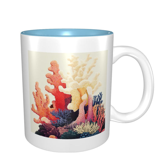 Coral Reef Ocean-Themed Double-Sided Ceramic Mug – Fresh Blue Interior (11oz)
