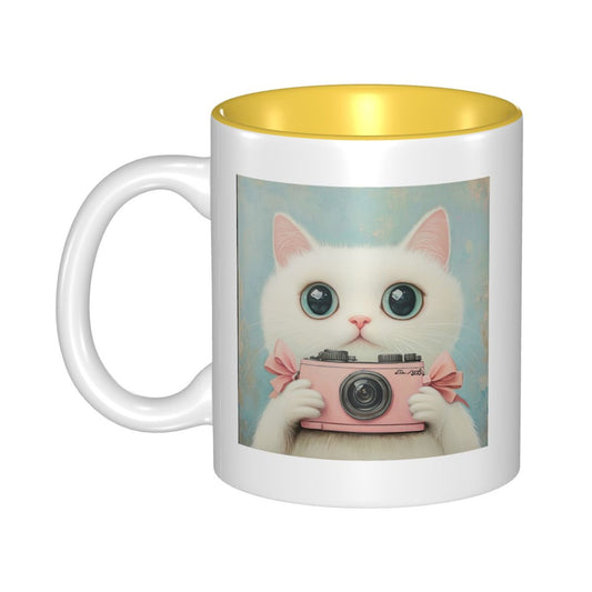Cute Cat with Camera Double-Sided Ceramic Mug – Kawaii Gift Mug, 11oz