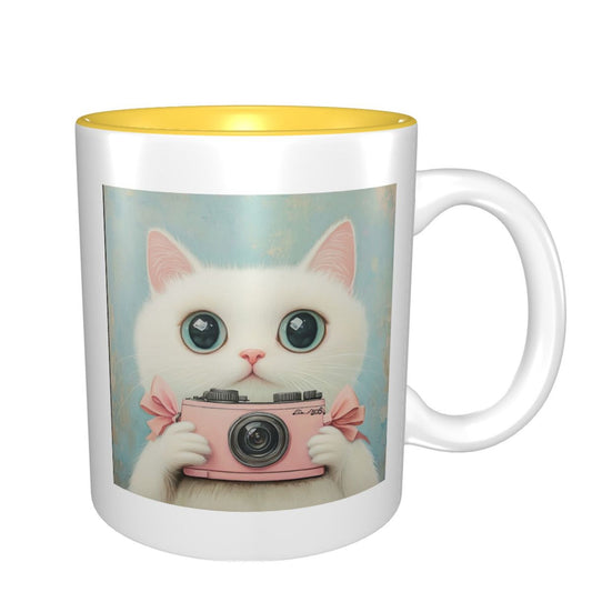 Cute Cat with Camera Double-Sided Ceramic Mug – Kawaii Gift Mug, 11oz
