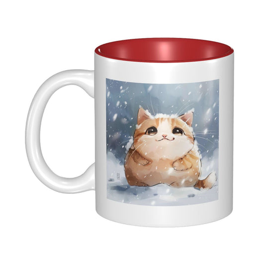 Cute Snow Cat Double-Sided Ceramic Mug – 11oz Winter Cartoon Coffee Cup